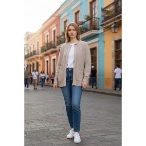 Charter Club Tan/cream Full Zip Sweater‎ Women's L Cotton Knit - With Pockets!